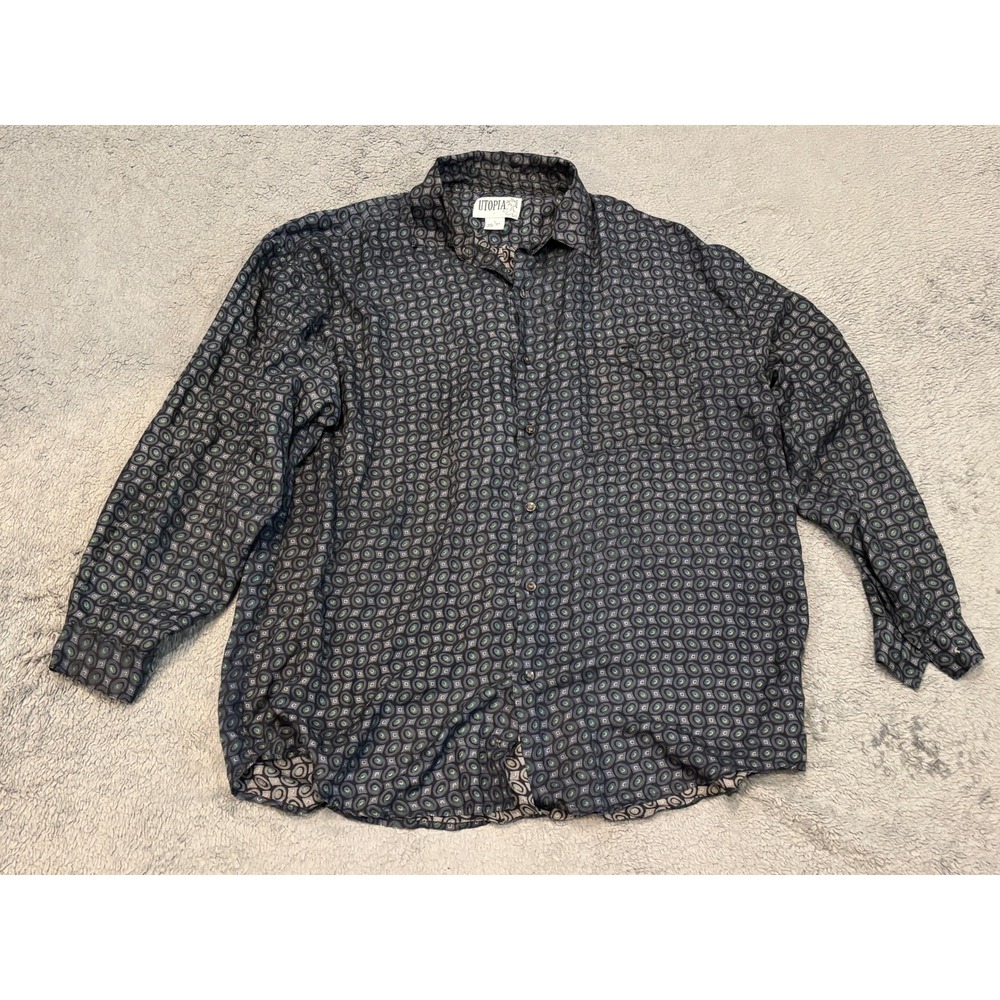 Utopia Mens 100% Silk Button Down Shirt Large Black Grey Green Medallion Print